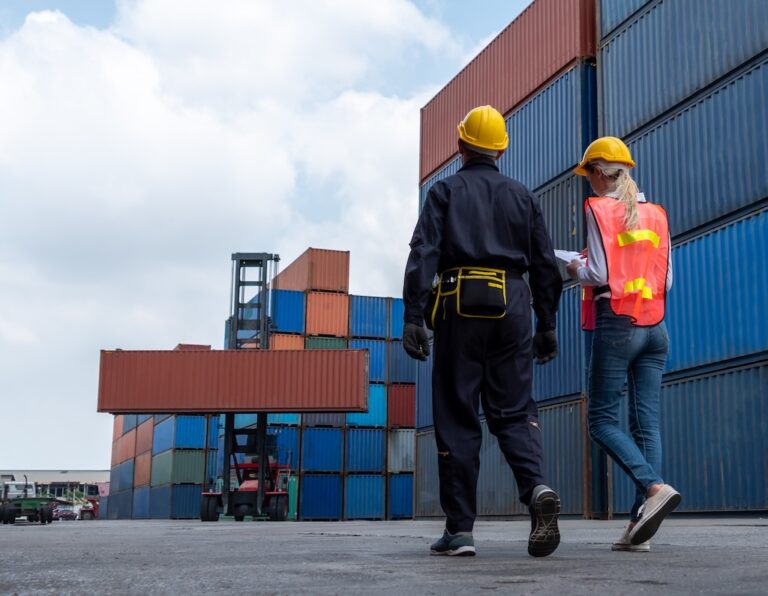 co-workers perform supply chain analysis at shipping container yard