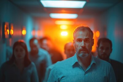 A group of office workers calmly evacuating a high-rise building during a terrorist incident