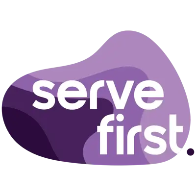 Serve First Logo featuring abstract purple shapes with the white text 'serve first'.